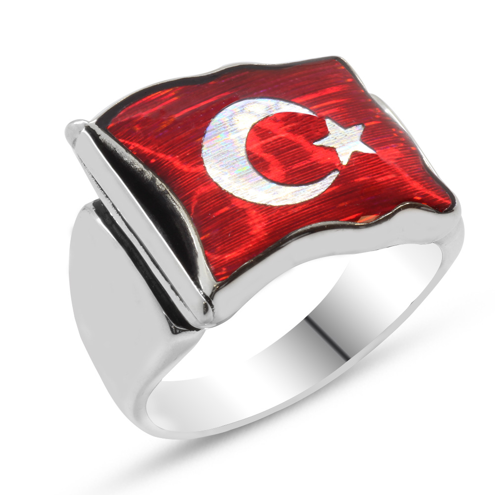 Türk Bayrağı Motifli Kırmızı Mineli 925 Ayar Gümüş Erkek Yüzük - 3