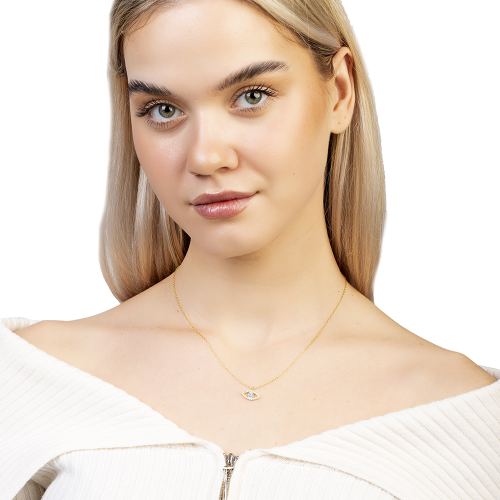 Turkuaz Beyaz Zirkon Taşlı Göz Tasarım Altın Renk 925 Ayar Gümüş Kadın Kolye - 3