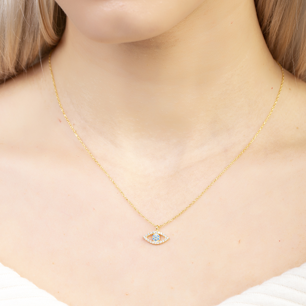 Turkuaz Beyaz Zirkon Taşlı Göz Tasarım Altın Renk 925 Ayar Gümüş Kadın Kolye - 4