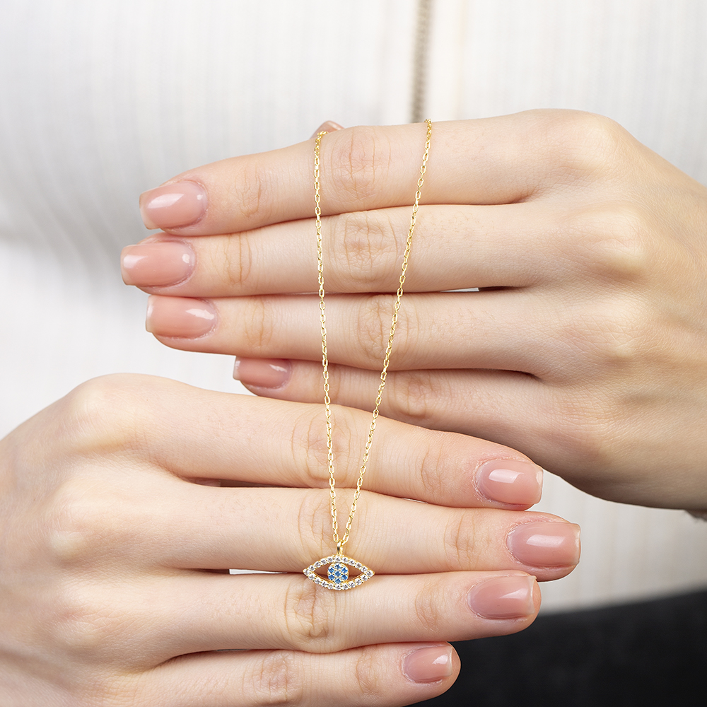 Turkuaz Beyaz Zirkon Taşlı Göz Tasarım Altın Renk 925 Ayar Gümüş Kadın Kolye - 5