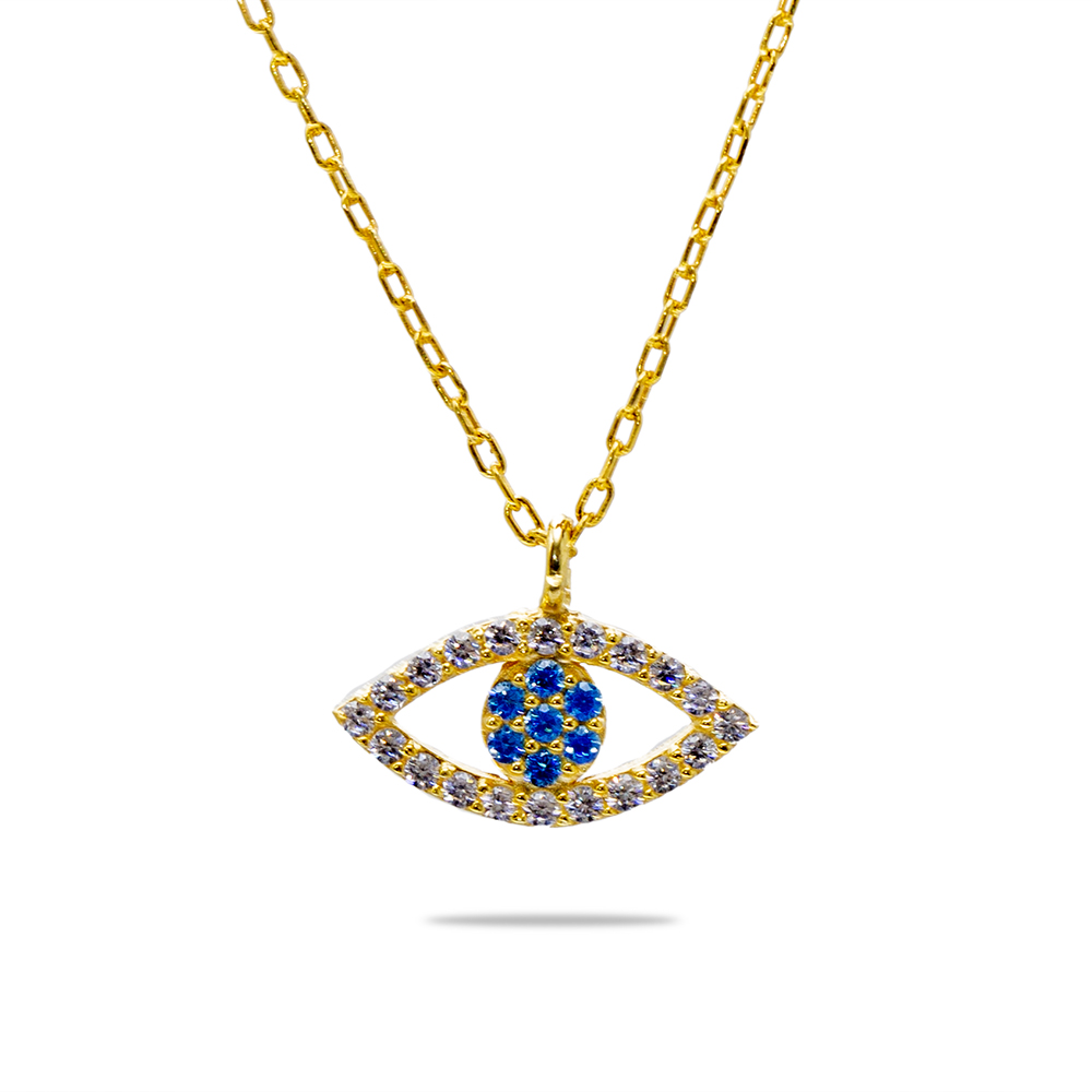 Turkuaz Beyaz Zirkon Taşlı Göz Tasarım Altın Renk 925 Ayar Gümüş Kadın Kolye - 2