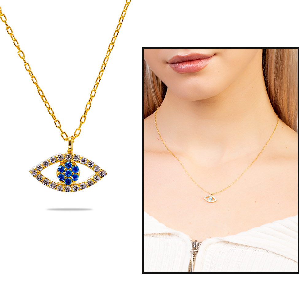 Turkuaz Beyaz Zirkon Taşlı Göz Tasarım Altın Renk 925 Ayar Gümüş Kadın Kolye - 1
