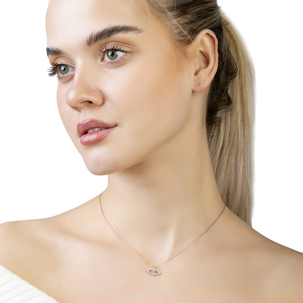 Turkuaz Beyaz Zirkon Taşlı Göz Tasarım Rose Renk 925 Ayar Gümüş Kadın Kolye - 2