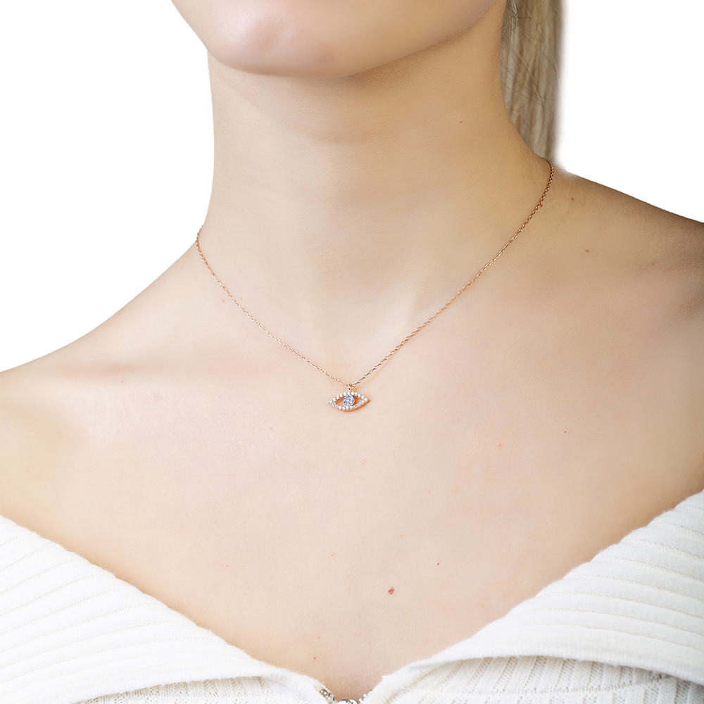 Turkuaz Beyaz Zirkon Taşlı Göz Tasarım Rose Renk 925 Ayar Gümüş Kadın Kolye - 4