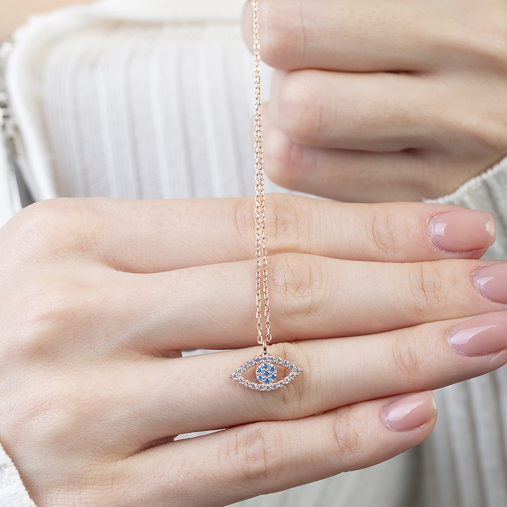 Turkuaz Beyaz Zirkon Taşlı Göz Tasarım Rose Renk 925 Ayar Gümüş Kadın Kolye - 5