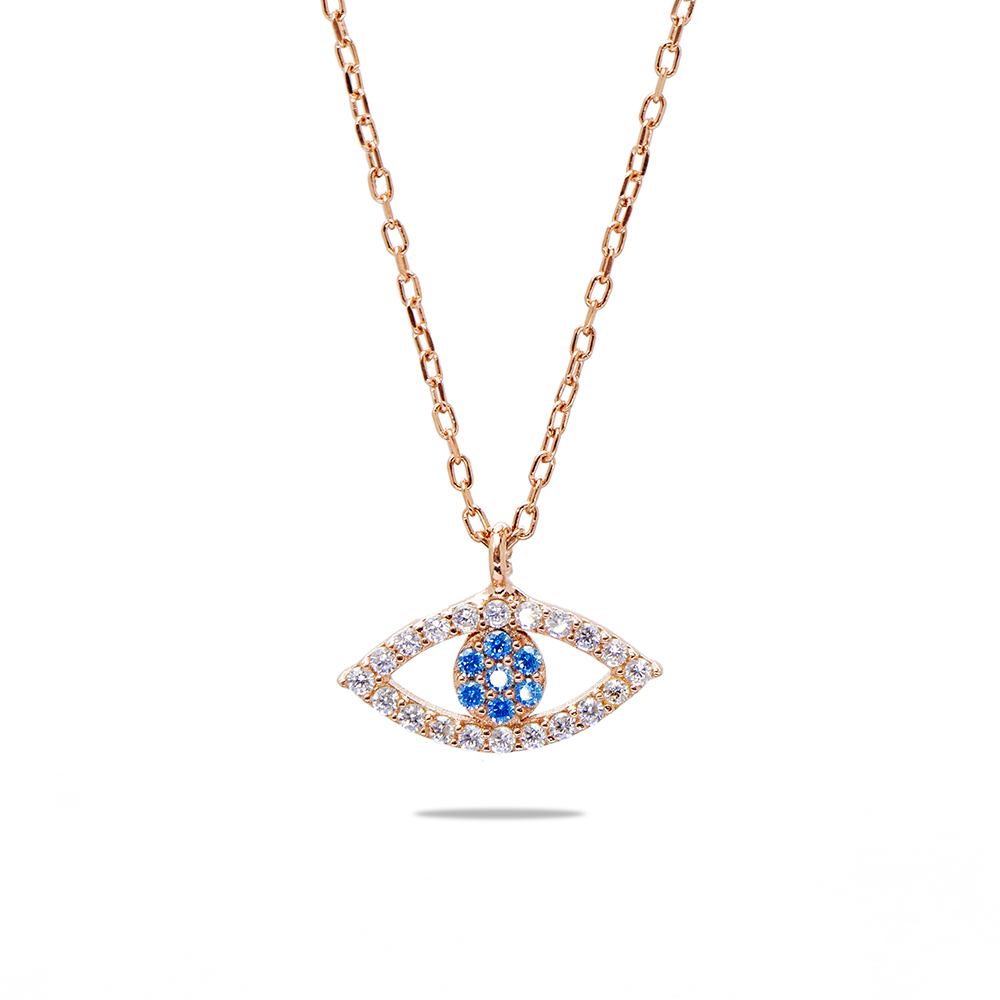 Turkuaz Beyaz Zirkon Taşlı Göz Tasarım Rose Renk 925 Ayar Gümüş Kadın Kolye - 3