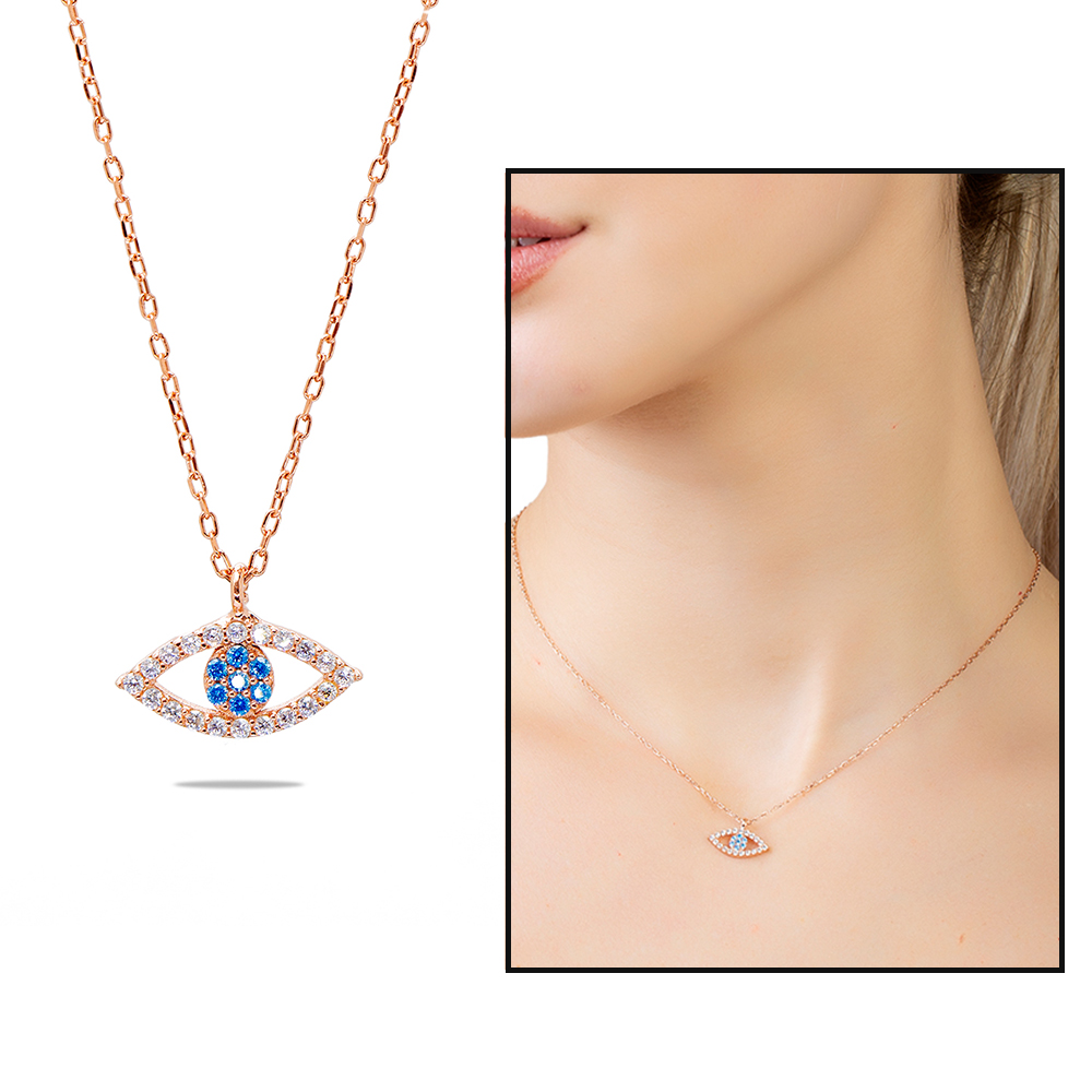 Turkuaz Beyaz Zirkon Taşlı Göz Tasarım Rose Renk 925 Ayar Gümüş Kadın Kolye - 1