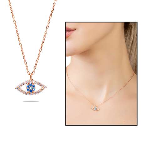Turkuaz Beyaz Zirkon Taşlı Göz Tasarım Rose Renk 925 Ayar Gümüş Kadın Kolye - Tesbihane