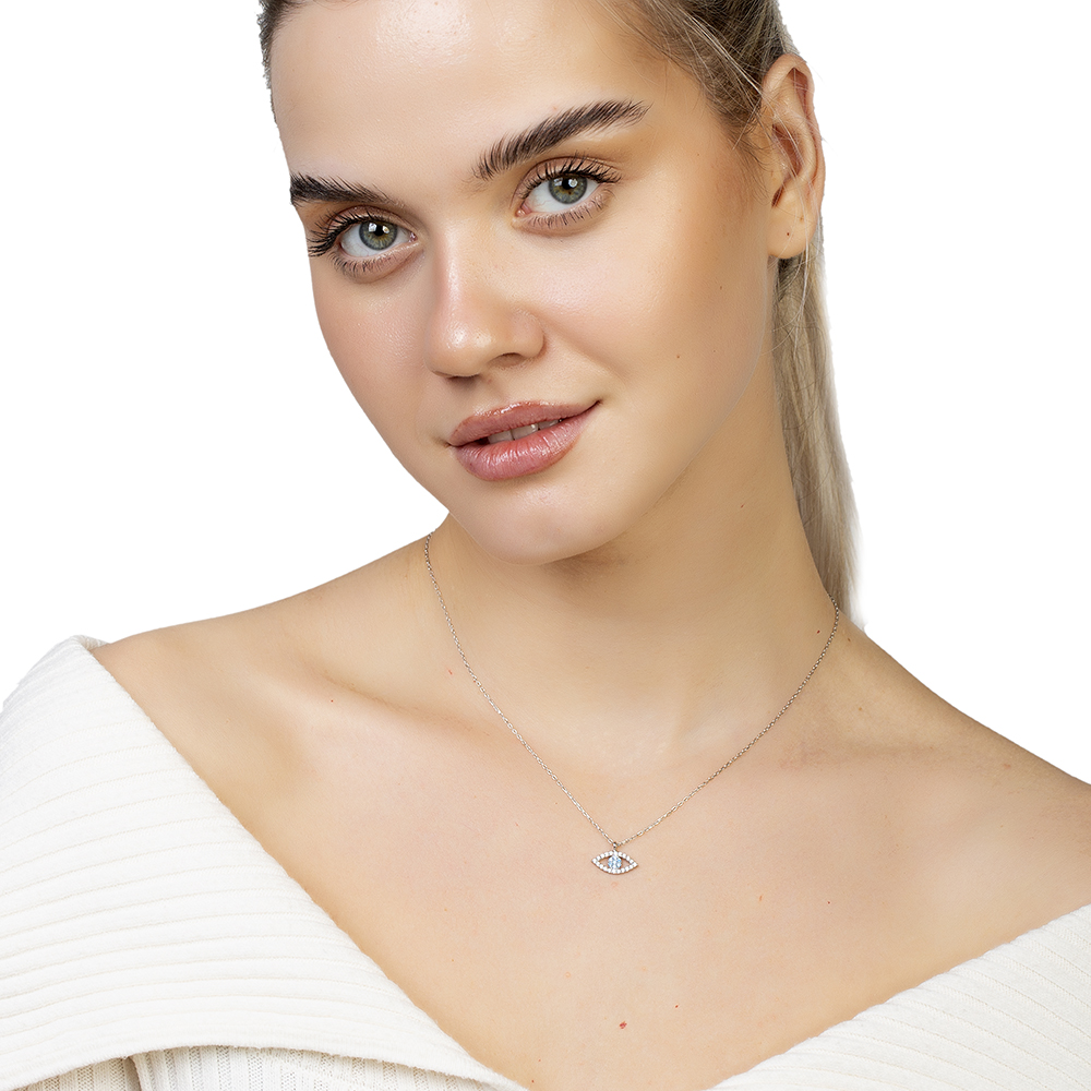 Turkuaz Beyaz Zirkon Taşlı Göz Tasarım Gümüş Renk 925 Ayar Gümüş Kadın Kolye - 2