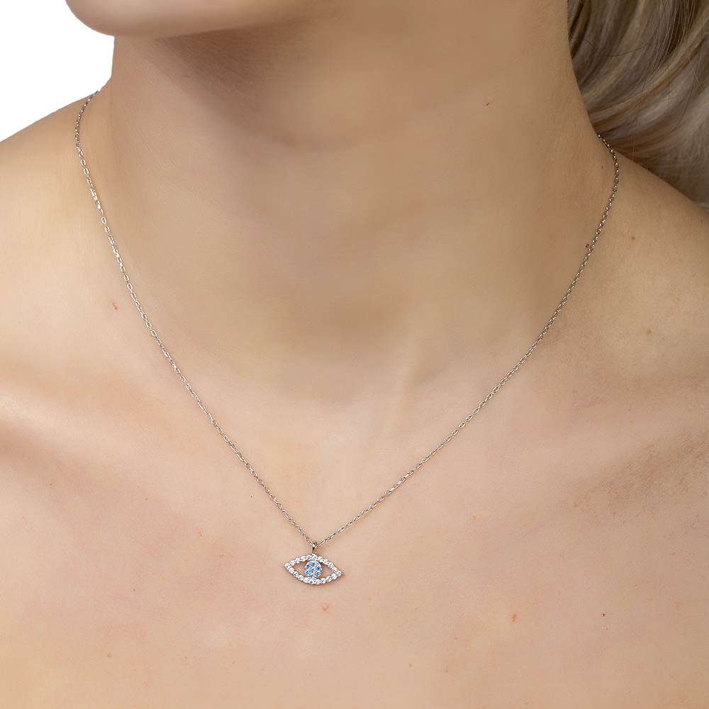 Turkuaz Beyaz Zirkon Taşlı Göz Tasarım Gümüş Renk 925 Ayar Gümüş Kadın Kolye - 4