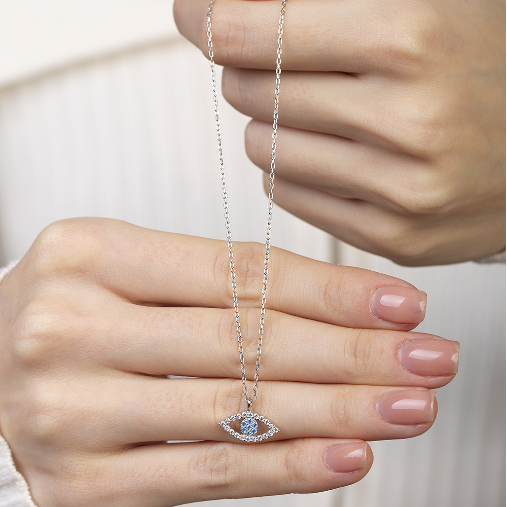 Turkuaz Beyaz Zirkon Taşlı Göz Tasarım Gümüş Renk 925 Ayar Gümüş Kadın Kolye - 5