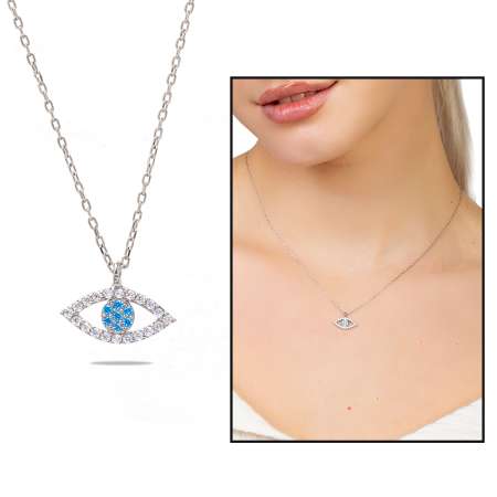 Turkuaz Beyaz Zirkon Taşlı Göz Tasarım Gümüş Renk 925 Ayar Gümüş Kadın Kolye - Tesbihane