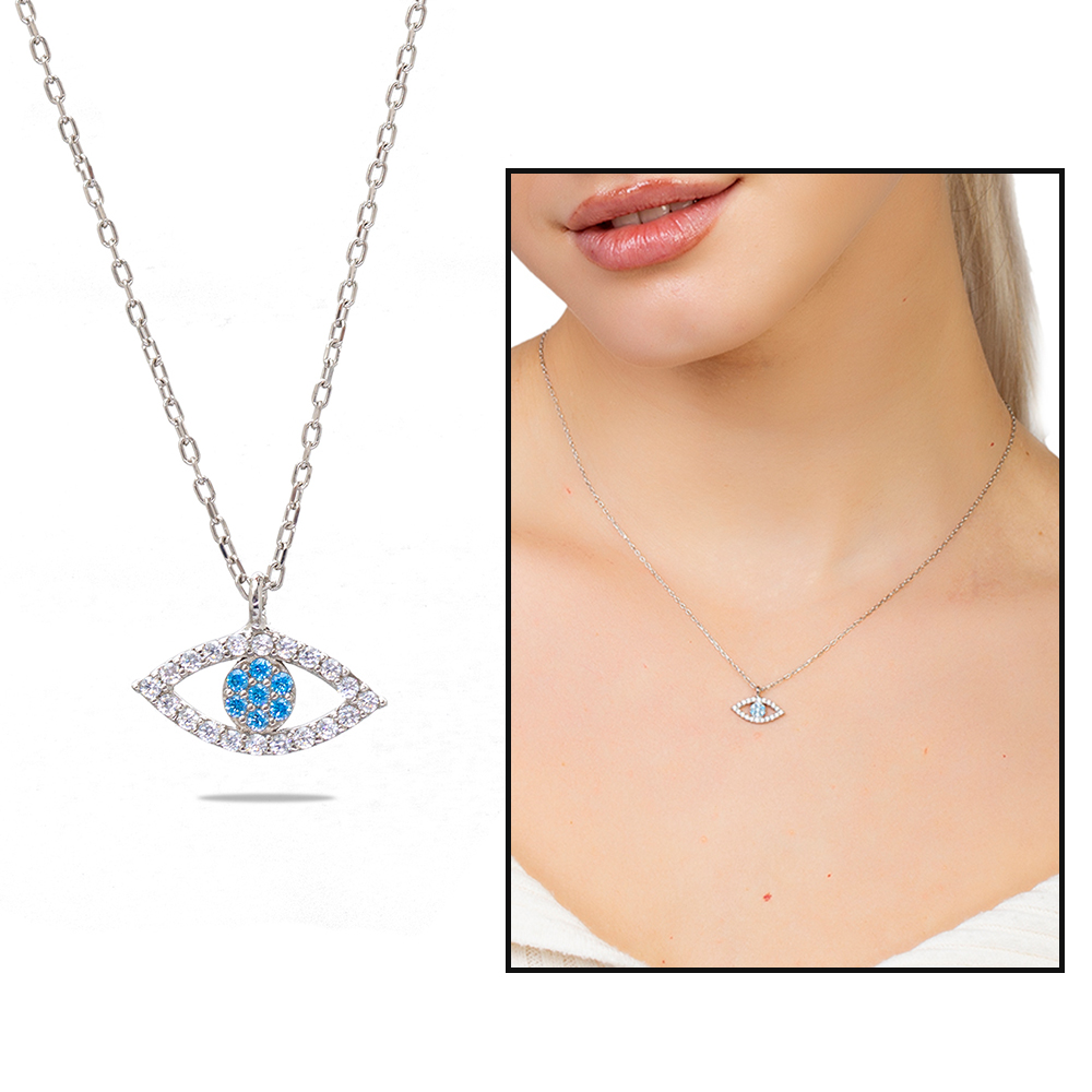Turkuaz Beyaz Zirkon Taşlı Göz Tasarım Gümüş Renk 925 Ayar Gümüş Kadın Kolye - 1
