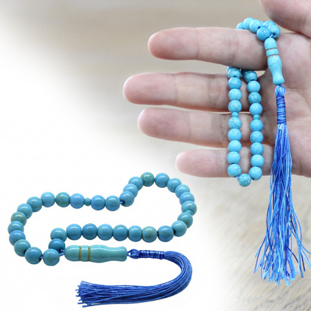 Firuze Turkuaz Doğaltaş Tesbih - Osmanlı Saray Püsküllü - Turkuaz Renk - Küre Kesim - Tesbihane