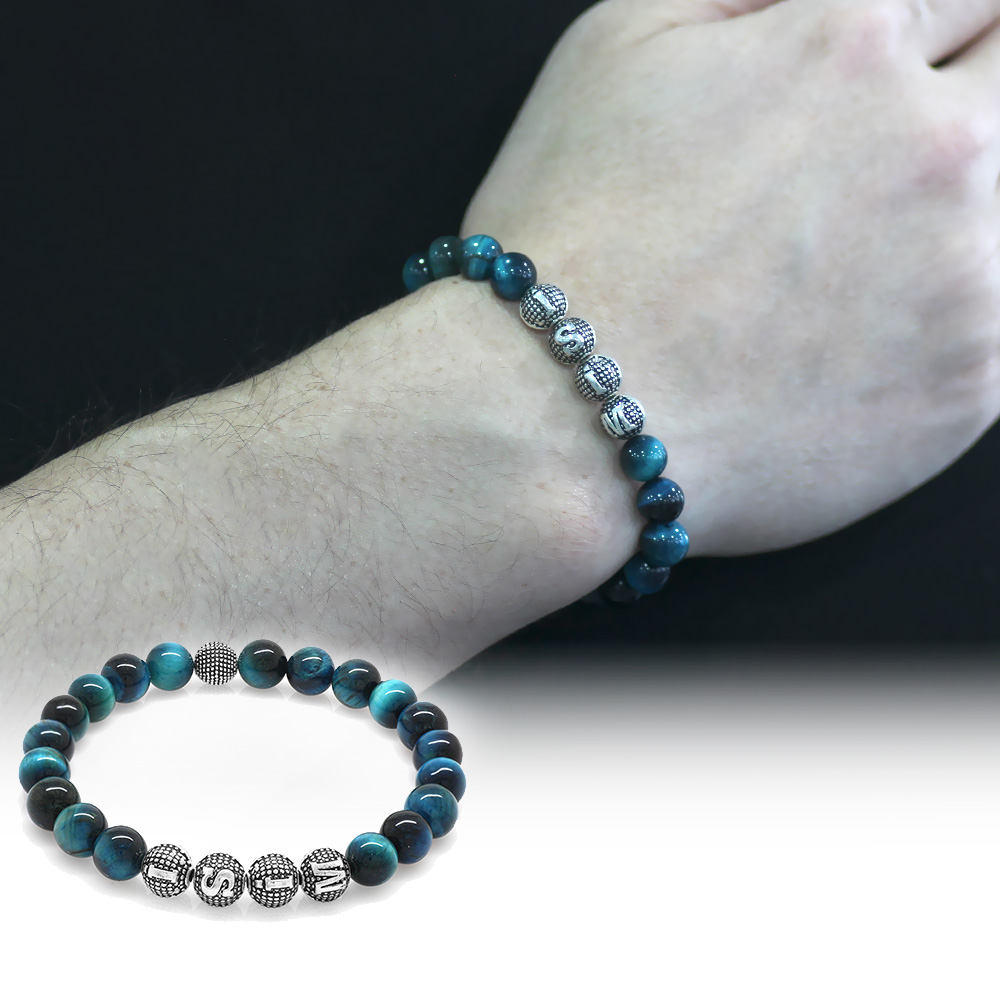 Turkuaz Kaplan Gözü Doğaltaş Bileklik - İsme Özel Yazılı - Metal Kombinli - Küre Kesim - 1