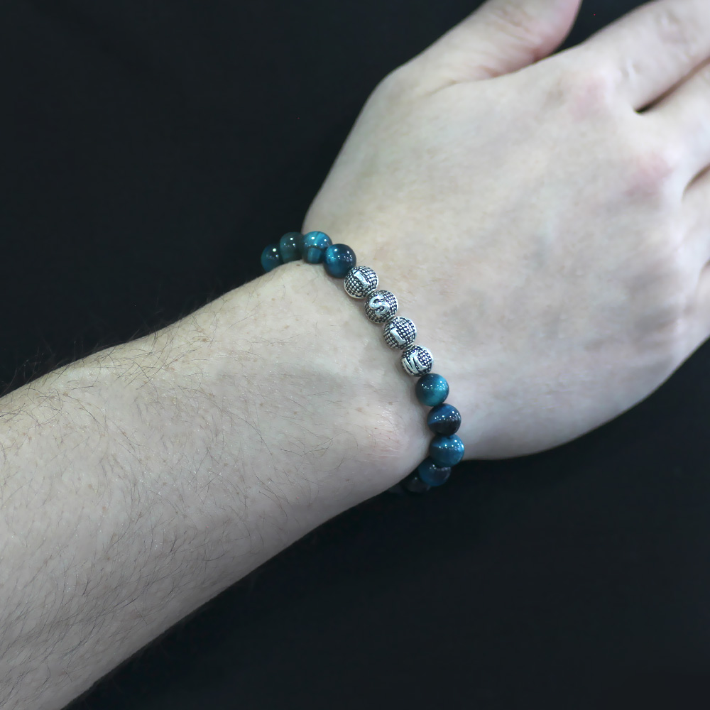 Turkuaz Kaplan Gözü Doğaltaş Bileklik - İsme Özel Yazılı - Metal Kombinli - Küre Kesim - 2