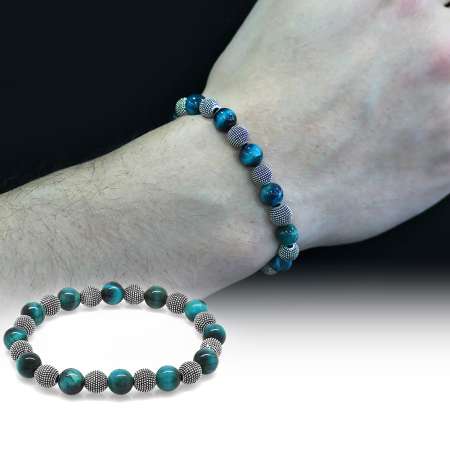 Turkuaz Kaplan Gözü Doğaltaş Bileklik - Metal Kombinli - Küre Kesim - Tesbihane