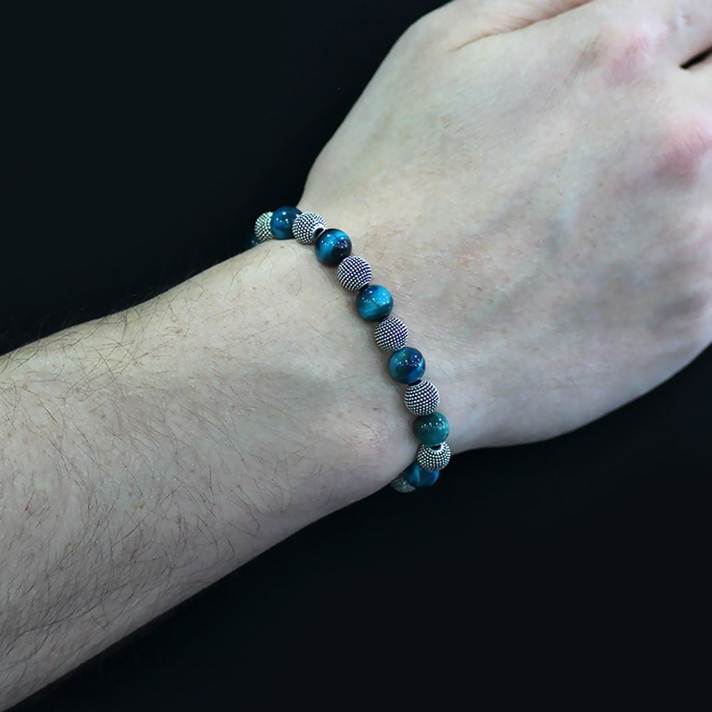 Turkuaz Kaplan Gözü Doğaltaş Bileklik - Metal Kombinli - Küre Kesim - 2