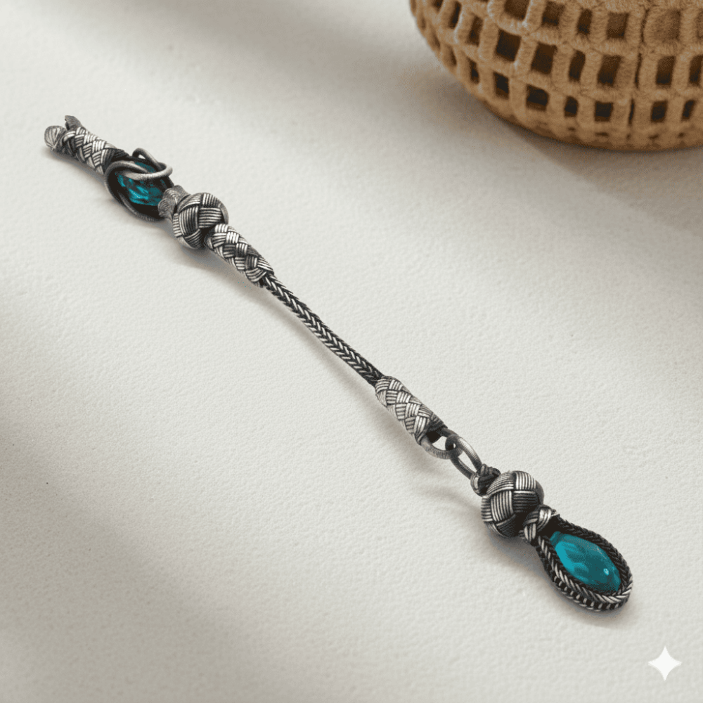 Turkuaz Zirkon Taşlı 1000 Ayar Gümüş Kazaz Püskül - 1