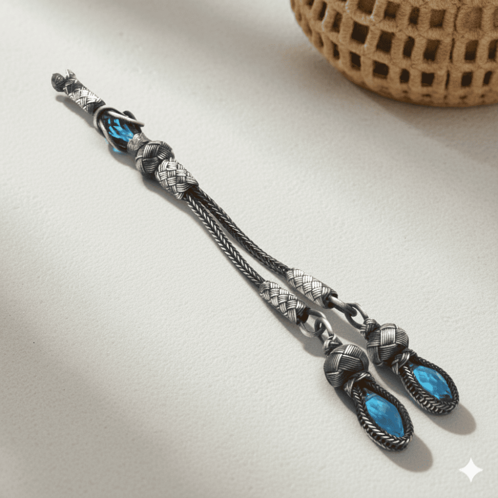 Turkuaz Zirkon Taşlı 2 li 1000 Ayar Gümüş Kazaz Püskül - 1