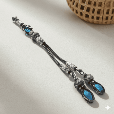 Turkuaz Zirkon Taşlı 2 li 1000 Ayar Gümüş Kazaz Püskül - Tesbihane