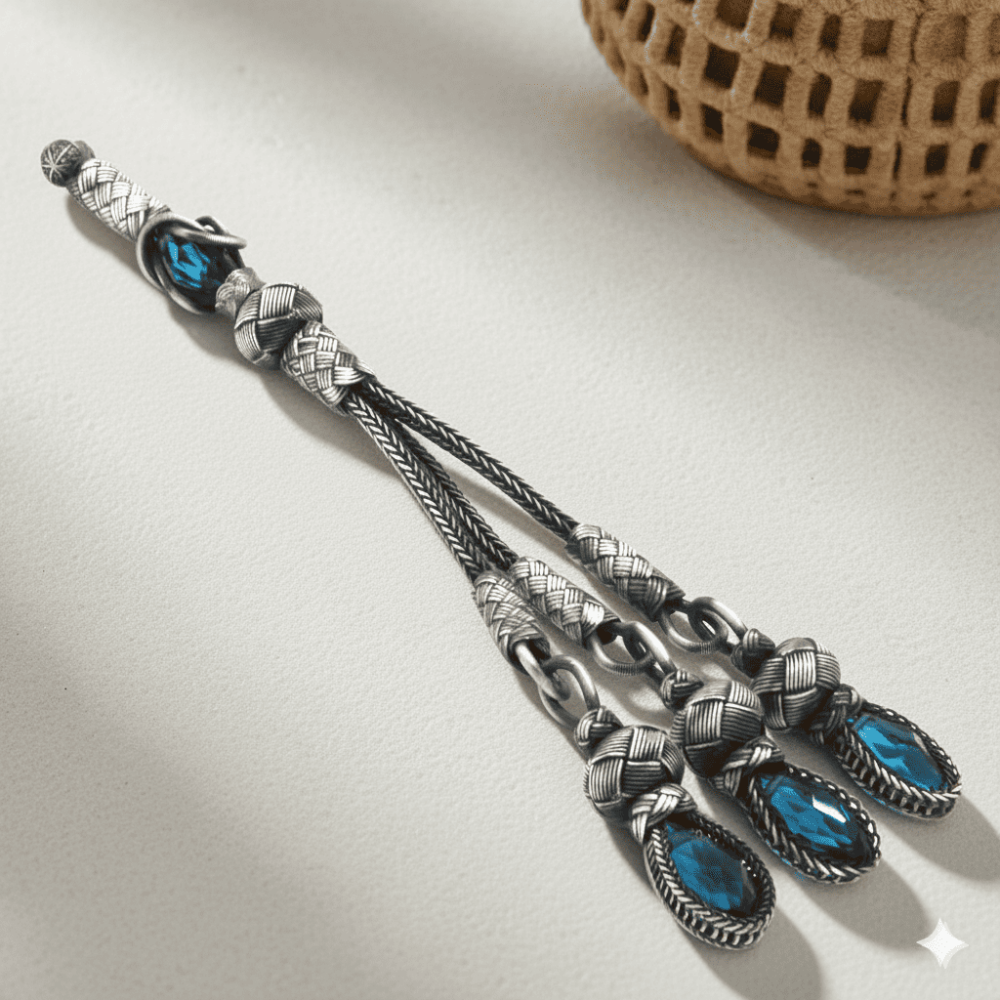 Turkuaz Zirkon Taşlı 3 lü 1000 Ayar Gümüş Kazaz Püskül - 1