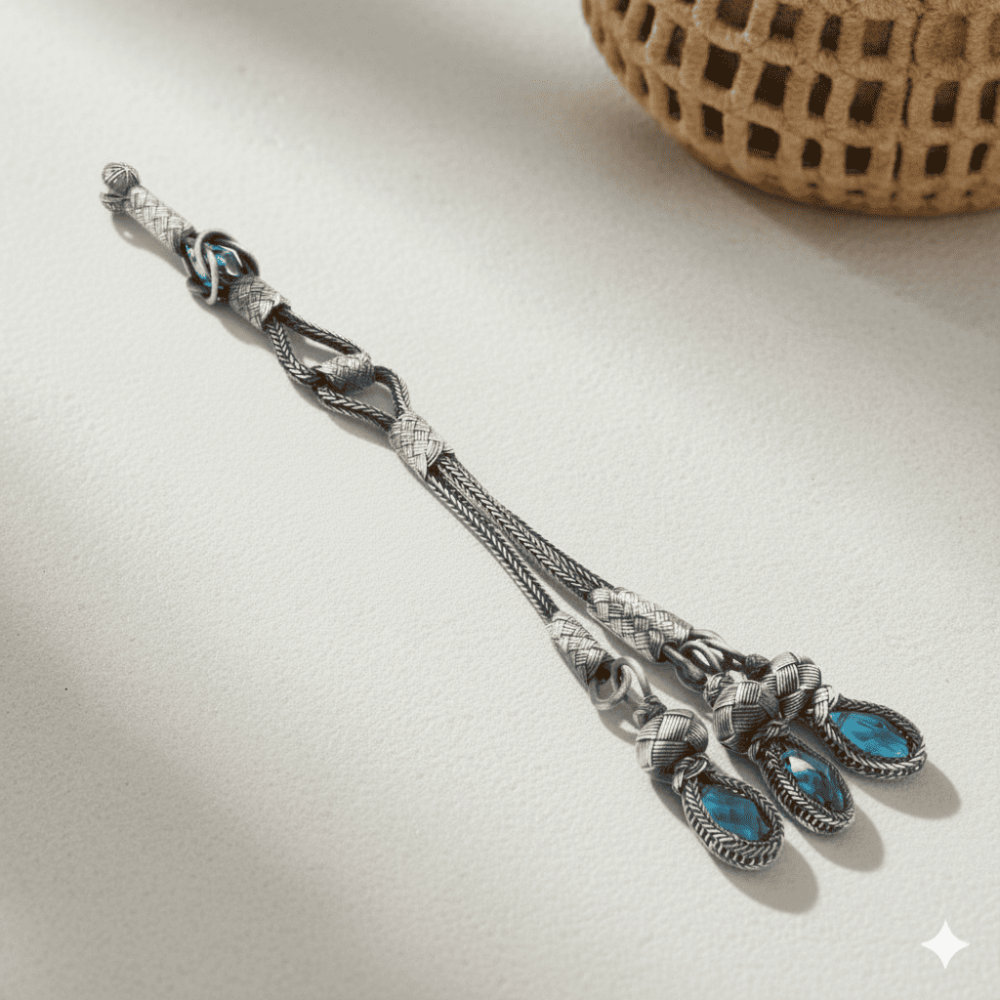 Turkuaz Zirkon Taşlı 3 lü Uzun Model 1000 Ayar Gümüş Kazaz Püskül - 1