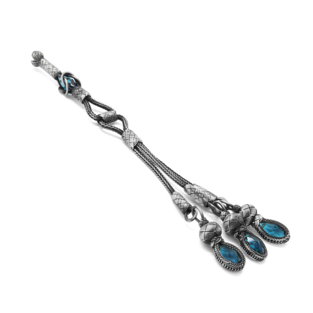 Turkuaz Zirkon Taşlı 3 lü Uzun Model 1000 Ayar Gümüş Kazaz Püskül - 2