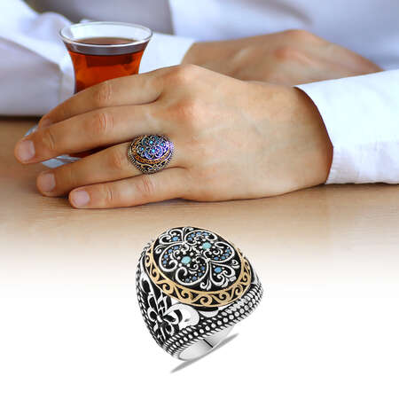 Turkuaz Zirkon Taşlı Kompakt Tasarım 925 Ayar Gümüş Erkek Yüzük - Tesbihane