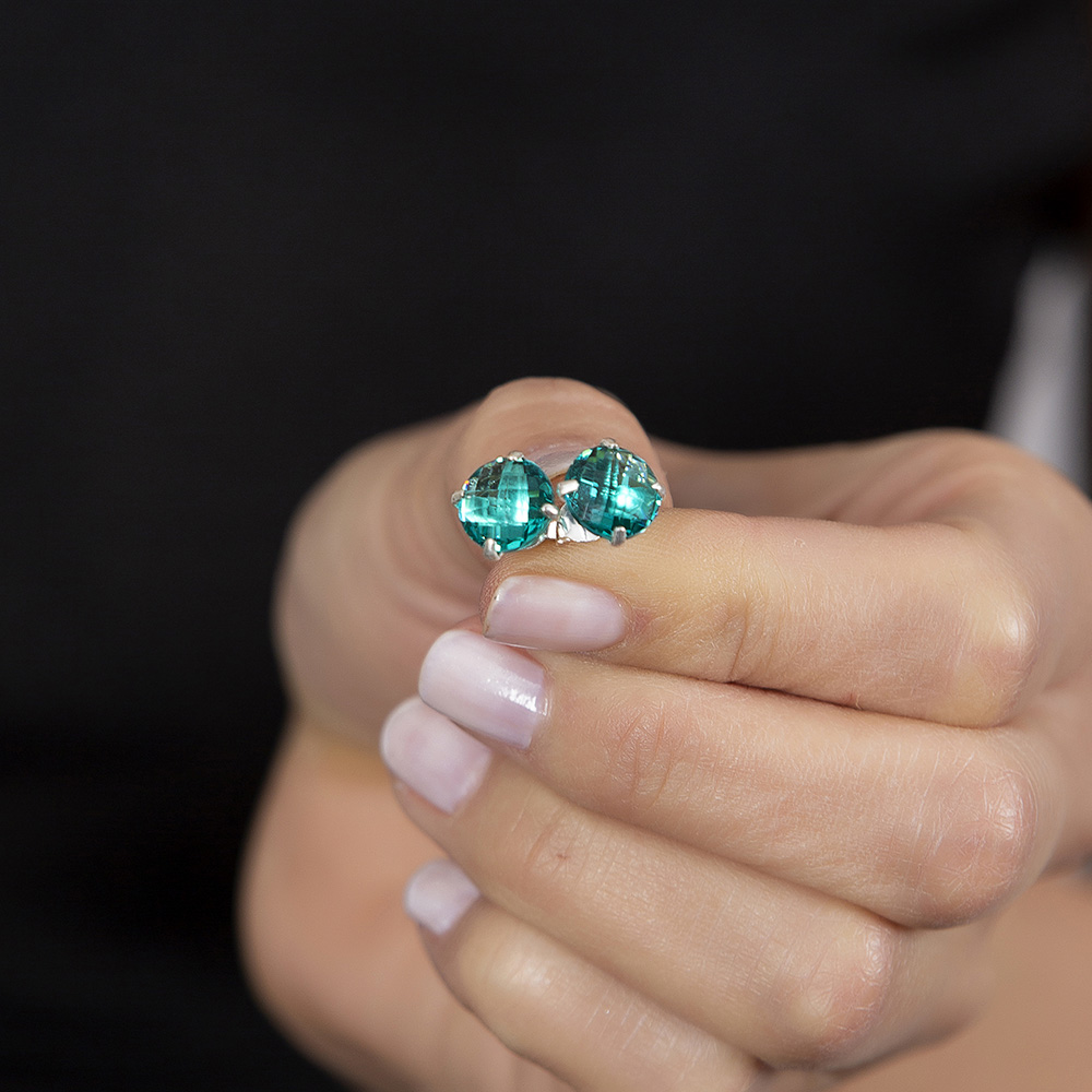 Turkuaz Zirkon Taşlı Oval Tasarım 925 Ayar Gümüş Kadın Küpe - 2