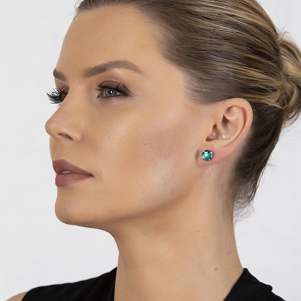 Turkuaz Zirkon Taşlı Oval Tasarım 925 Ayar Gümüş Kadın Küpe - 4