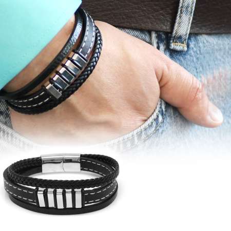 Üç Katmanlı Gerçek Siyah Deri Gümüş Renk Çelik Kişiye Özel Beş İsim Veya Harf Yazılı Erkek Bileklik - Tesbihane