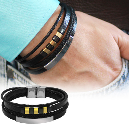 Üç Katmanlı Siyah Deri Gümüş Renk Çelik Plakalı İsme Özel Yazılı Erkek Bileklik - Tesbihane