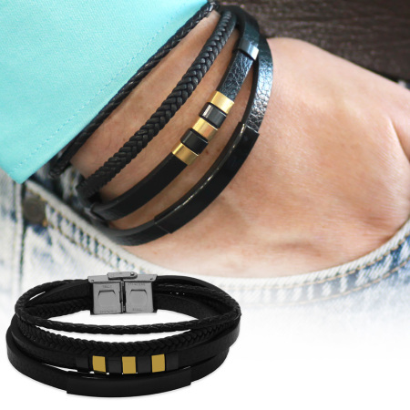 Üç Katmanlı Siyah Deri Renk Çelik Plakalı İsme Özel Yazılı Erkek Bileklik - Tesbihane