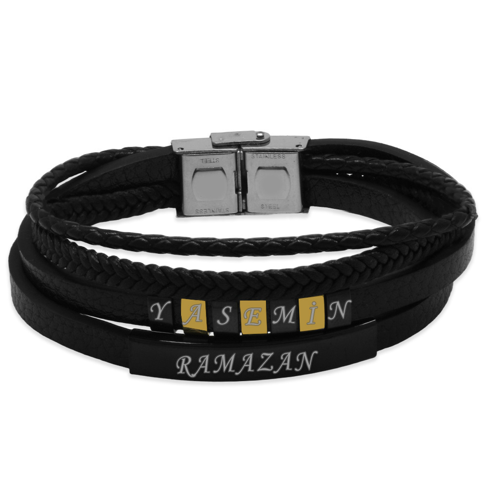 Üç Katmanlı Siyah Deri Renk Çelik Plakalı İsme Özel Yazılı Erkek Bileklik - 5