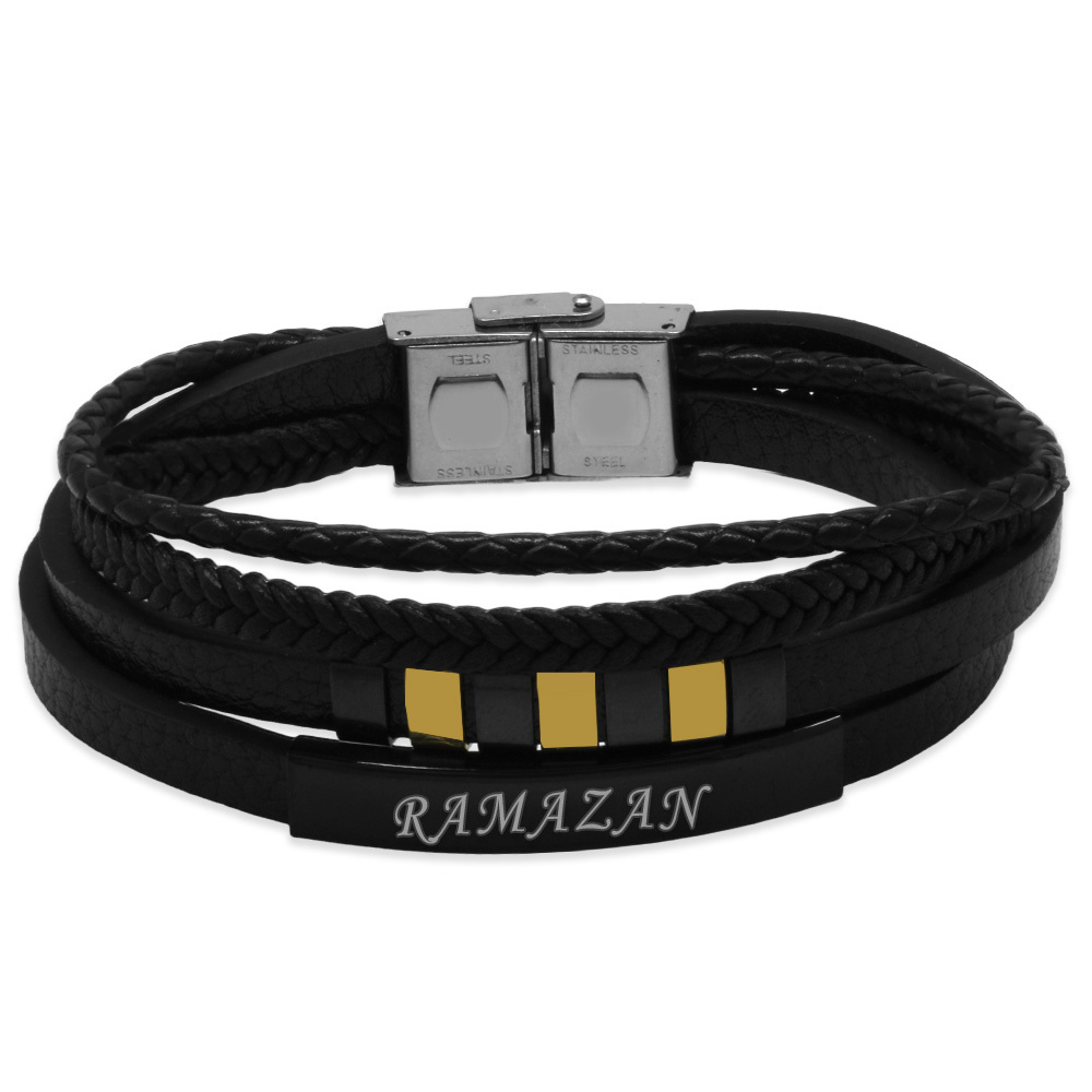 Üç Katmanlı Siyah Deri Renk Çelik Plakalı İsme Özel Yazılı Erkek Bileklik - 3