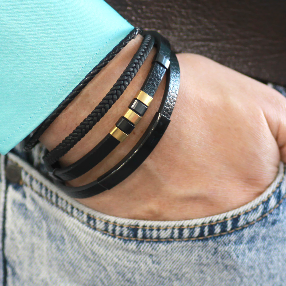 Üç Katmanlı Siyah Deri Renk Çelik Plakalı İsme Özel Yazılı Erkek Bileklik - 2