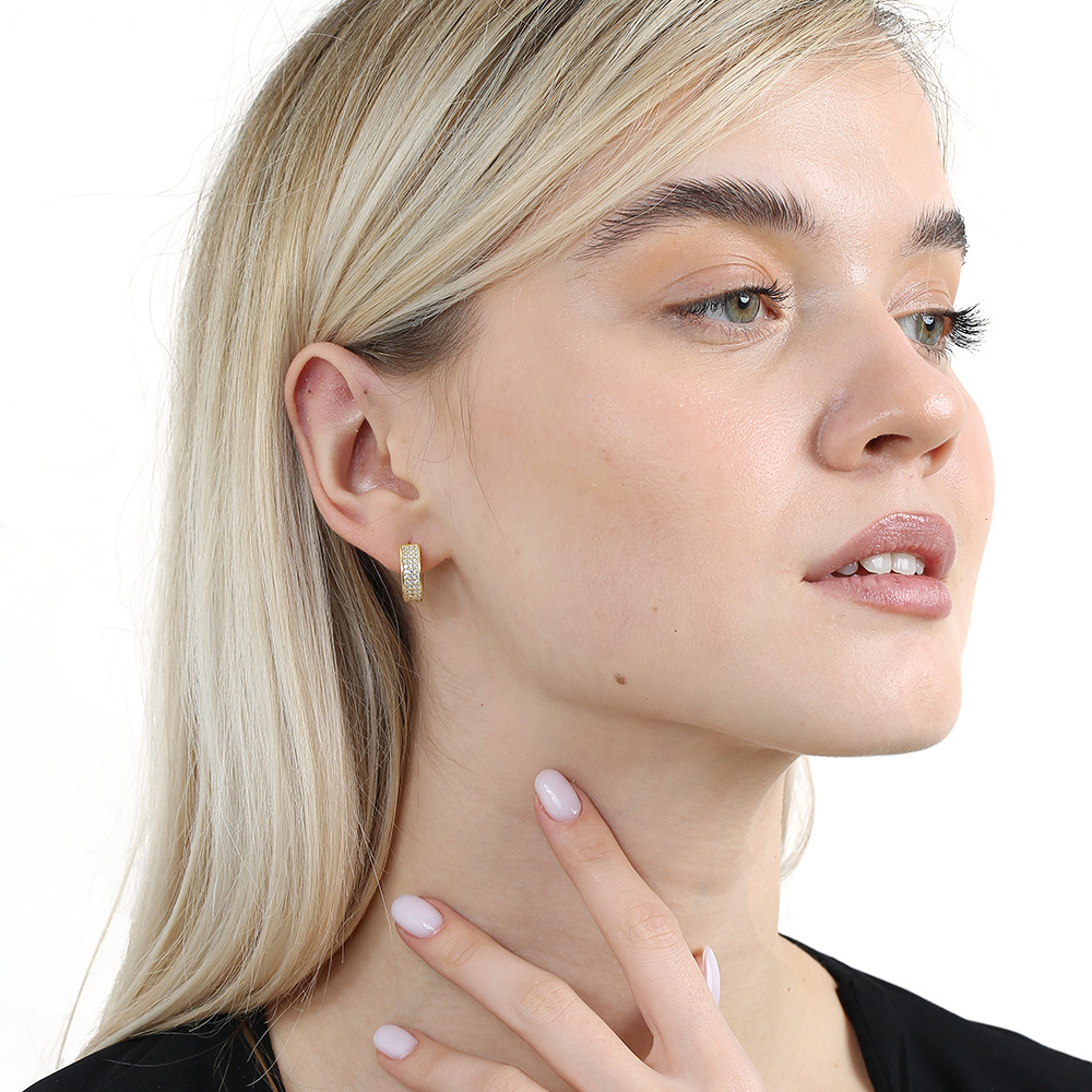 Üç Sıra Beyaz Zirkon Taşlı Altın Renk 925 Ayar Gümüş Kadın Küpe - 1