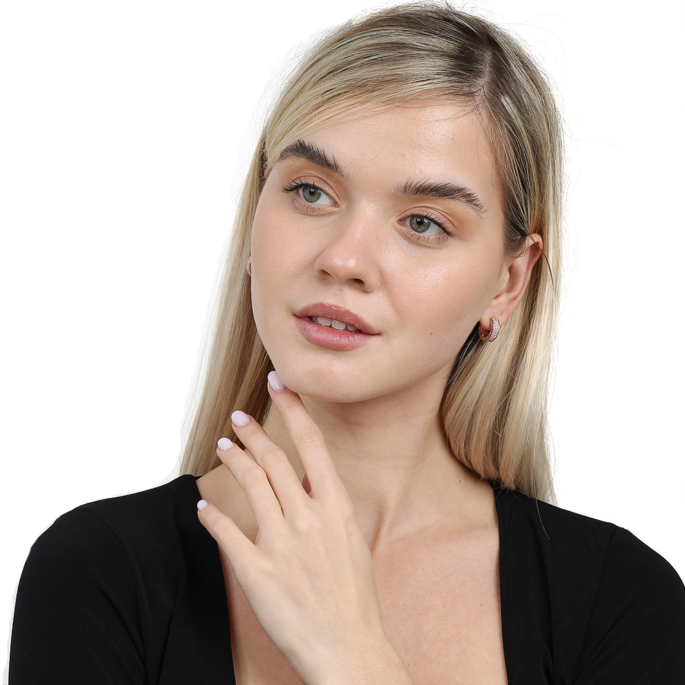 Üç Sıra Beyaz Zirkon Taşlı Rose Renk 925 Ayar Gümüş Kadın Küpe - 2