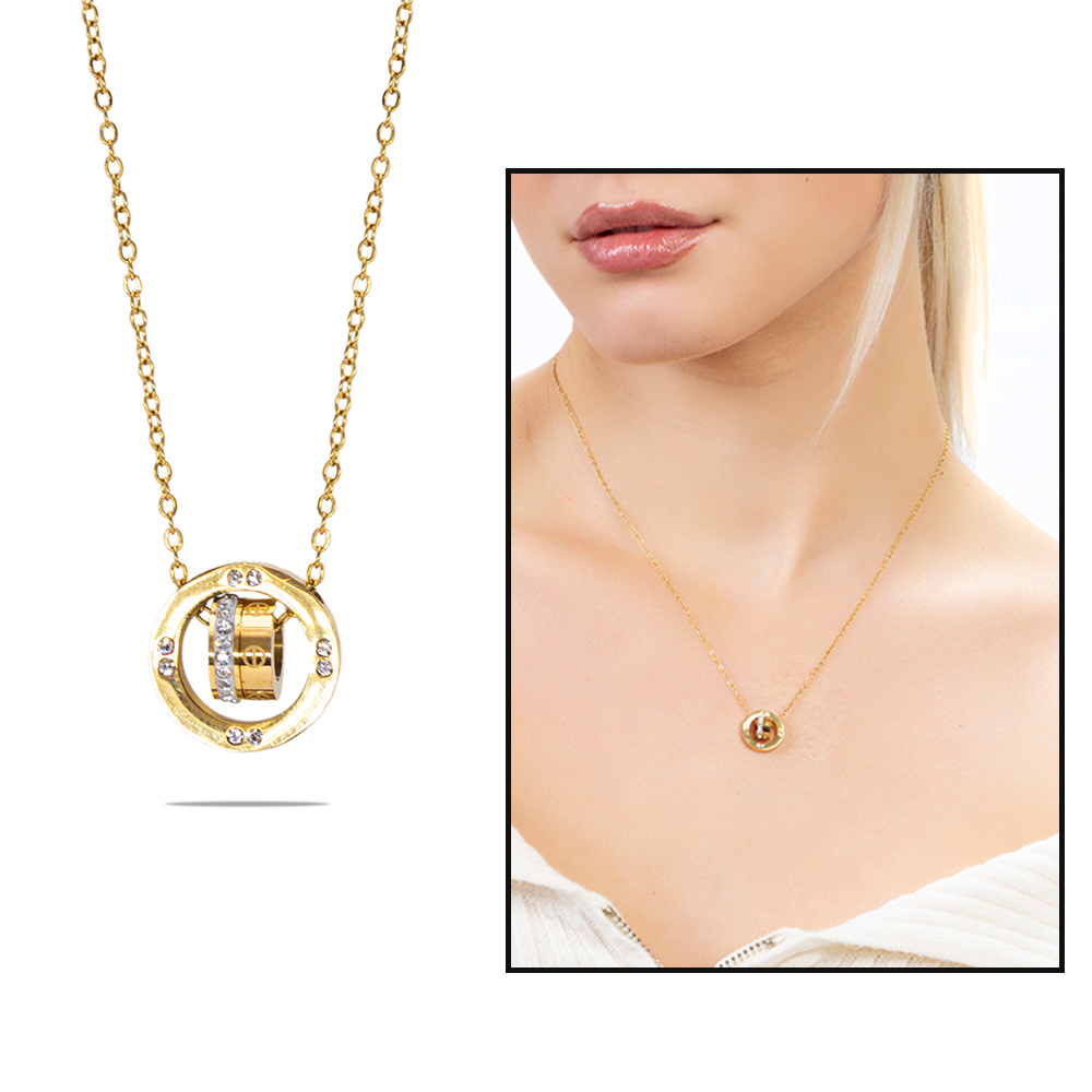 3 lü Halka Tasarım Altın Renk Çelik Kadın Kolye - 1