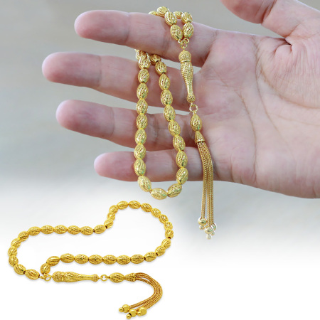 Üçlü Kamçı Püsküllü Çeşmi Bülbül Detaylı Telkari Tasarım Arpa Kesim Altın Renk 925 Ayar Gümüş Tesbih - Tesbihane