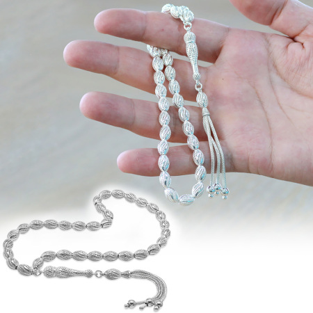 Üçlü Kamçı Püsküllü Çeşmi Bülbül Detaylı Telkari Tasarım Arpa Kesim Gümüş Renk 925 Ayar Gümüş Tesbih - Tesbihane