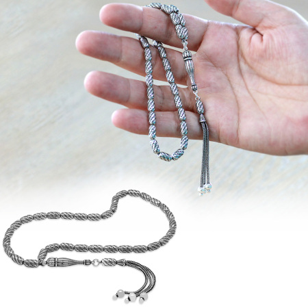 Üç Kamçı Püskül Çeşmi Bülbül Detaylı Telkari Tasarım Kapsül Kesim Eskitme Renk 925 Ayar Gümüş Tesbih - Tesbihane