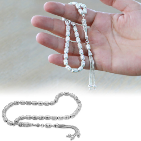 Üçlü Kamçı Püskül Çeşmi Bülbül Detaylı Telkari Tasarım Kapsül Kesim Gümüş Renk 925 Ayar Gümüş Tesbih - Tesbihane