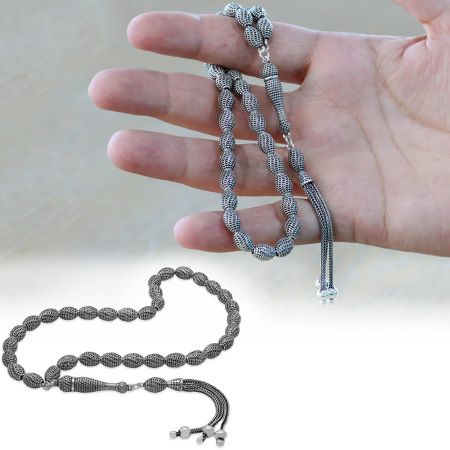 3 lü Kamçı Püsküllü Çeşmi Bülbül Tasarım Arpa Kesim Eskitme Renk 925 Ayar Gümüş Tesbih - Tesbihane