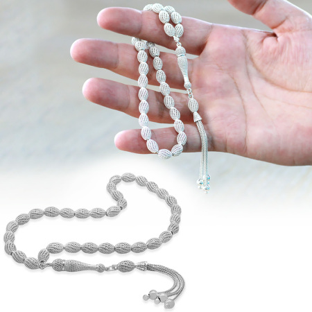 3 lü Kamçı Püsküllü Çeşmi Bülbül Tasarım Arpa Kesim Gümüş Renk 925 Ayar Gümüş Tesbih - Tesbihane