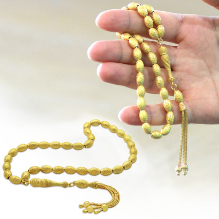 Üçlü Kamçı Püsküllü Greek Tasarım Arpa Kesim Altın Rengi 925 Ayar Gümüş Tesbih - Tesbihane