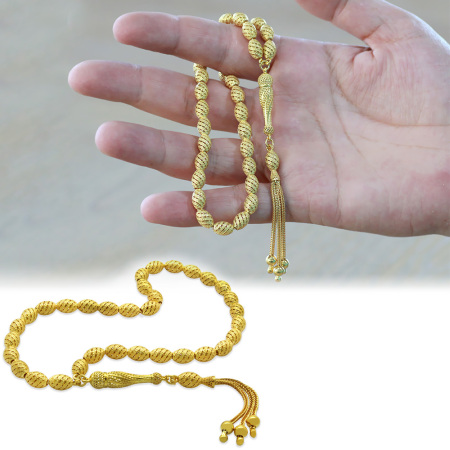 Üçlü Kamçı Püsküllü Helezon Detaylı Telkari Tasarım Arpa Kesim Altın Rengi 925 Ayar Gümüş Tesbih - Tesbihane