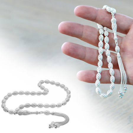 Üçlü Kamçı Püsküllü Helezon Detaylı Telkari Tasarım Arpa Kesim Gümüş Renk 925 Ayar Gümüş Tesbih - Tesbihane