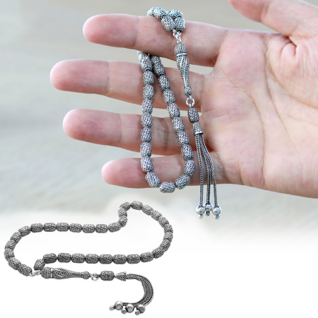 Üçlü Kamçı Püsküllü İmamesi Çeşmi Bülbül Detaylı Kapsül Kesim Eskitme Renk 925 Ayar Gümüş Tesbih - Tesbihane